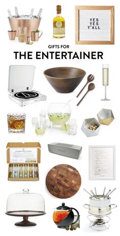 gifts for the entertainer in your life, including wine glasses, cheese board, and other kitchen utensils