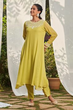 Lime green kurta with sequin, cutdana, bead embroidered neckline and sleeve hem in floral pattern. Paired with straight fit pant. - Aza Fashions Straight Fit Pants, Beaded Neckline, Embroidered Neckline, Pants Pattern, Pant Set, Set For Women, Aza Fashion, Full Sleeve, Lime Green