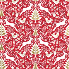 a red and white christmas pattern with birds