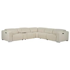 a white leather sectional sofa with two reclinings on the bottom and one end