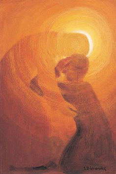 a painting of a woman standing in front of the sun