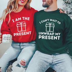 You will love these matching ugly Christmas sweaters! It makes a funny Christmas gift for couples! PRODUCTION TIME: 1-3 business days  SHIPPING TIME: 2-5 business days PRODUCT DESCRIPTION: Ideal for any situation, a unisex heavy blend crewneck sweatshirt is pure comfort. These garments are made from polyester and cotton. This combination helps designs come out looking fresh and beautiful. The collar is ribbed knit, so it retains its shape even after washing. There are no itchy side seams on these sweaters.  50% cotton, 50% polyester Medium-heavy fabric (8.0 oz/yd² (271.25 g/m Loose fit Sewn-in label Runs true to size * For Sweatshirt Sizes Please refer to the Listing Image. CARE INSTRUCTION: Machine wash: warm (max 40C or 105F); Non-chlorine: bleach as needed; Tumble dry: low heat; Iron, s Holiday Crew Neck Sweater As Gift, Holiday Crew Neck Sweater As A Gift, Red Christmas Sweatshirt Gift, Christmas Sweater With Letter Print As Gift, Couple Sweaters Matching, Couples Ugly Christmas Sweaters, Matching Ugly Christmas Sweaters, Classy Christmas Party, Christmas Gift For Couples