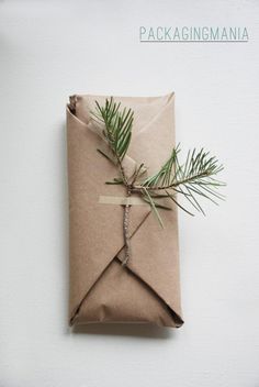 a brown wrapping paper wrapped in twine and tied up with a pine branch on top