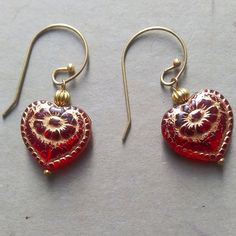 Hearts: Czech Glass With Pretty Gold Foil Metal: Handmade From Raw Brass Pieces And Beads Antique Feel But On-Trend For This Winter: These Earrings Are A Lovely, Deep Red In Person, And Safe For Even The Most Sensitive Ears. Indulge Your Romantic Side! Thanks For Looking, *Pennyroyal* Lovecore Jewelry, Gold And Red Jewelry, Italian Minimalism, Coquette Jewelry, Nice Clothing, Earring Inspo, Czech Glass Jewelry, Fantasy Clothes, Red Heart Earrings