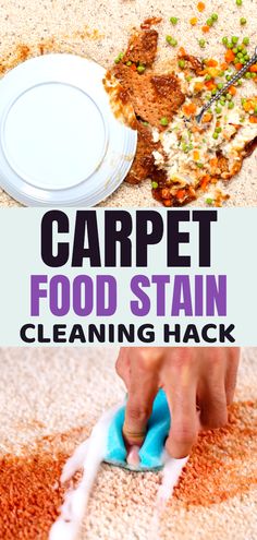 a person cleaning carpet with a cloth on top of it and the words carpet food stain is