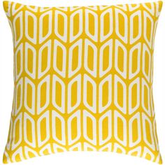 a yellow and white pillow with an abstract design on the front, in two different colors