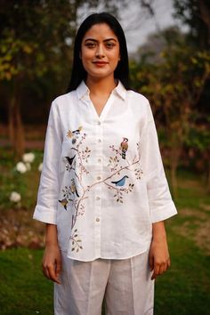 Buy White 100% Linen Embroidered Bird Collar Shirt For Women by Linen Bloom Online at Aza Fashions. Collar Shirt For Women, Bird Collar, White Linen Shirt, Embroidered Bird, Bird Pattern, Pattern Embroidery, Shirt For Women, Collar Shirt, Linen Women