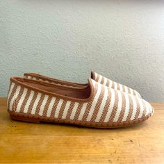 Elevate Your Shoe Game With These Stylish J. Jill Marina Flats In Dark Toffee/Natural Stripe. Designed For Women, These Slip-On Shoes Feature A Comfortable And Padded Insole Made Of Leather, Making Them Perfect For Travel, Casual Wear, Workwear, Or Business Attire. The Beige-Colored Fabric Upper Material Is Complemented By A Lined And Slip-Resistant Rubber Outsole, While The Moccasin Style Adds A Touch Of Nature-Themed Elegance To Your Wardrobe. These Flats Are Suitable For Both Summer And Fall, Comfortable Brown Flats With Textured Sole, Comfortable Beige Flats With Textured Sole, Comfortable Beige Flats With Cushioned Footbed, Casual Almond Toe Flats With Woven Sole, Comfortable Beige Flats, Brown Casual Espadrilles, Casual Brown Espadrilles, Casual Cream Flats With Flat Heel, Casual Brown Flat Heel Espadrilles