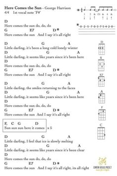 guitar chords with the words here comes the sun, and there comes the sun to do