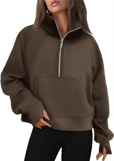 Women's Sweatshirts Half Zip Cropped Pullover Fleece Quarter Zipper Hoodies Fall outfits Clothes Thumb Hole Yoga Outfits, Half Zip Hoodie, Bleu Violet, Zipper Shorts, Y2k Clothes, Half Zip Sweatshirt, Winter Hoodies, Hipster Fashion, Brown Sweater