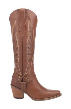 Intricate eagle-shaped stitching furthers the Western style of a knee-high boot embellished with harness straps at the ankle. 2 1/2" heel 16" shaft Removable insole Leather upper/textile lining/rubber sole Imported Wide Calf Snip Toe Knee-high Boots For Rodeo, Wide Calf Knee-high Boots With Snip Toe For Rodeo, Western Knee-high Boots With Reinforced Heel, Western Leather Knee-high Boots For Ranch, Leather Western Knee-high Boots For Ranch, Leather Knee-high Heeled Boots For Rodeo, Western Boots With Buckle Closure And Pointed Toe, Wide Calf Leather Knee-high Boots For Ranch, Wide Calf Snip Toe Knee-high Boots For Western-themed Events