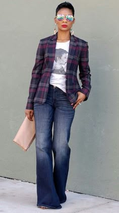 Wear YOU Wide Leg Jeans Outfit, Outfit Jeans, Looks Street Style, Flare Leg Jeans, 2019 Fashion, Jeans Outfit, Plaid Blazer, Work Casual, Primavera Estate