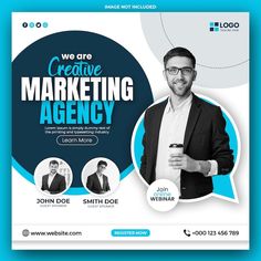 a blue and white flyer for a marketing company