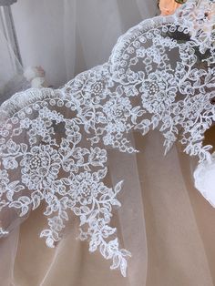 "Elegant alencon lace perfect for bridal gown, diy wedding, applique sewing Listing is for One yard (Additional quantities are available.) Width approx: 5\" (21.5 cm) Sample: Available https://www.etsy.com/listing/227110552/fabric-sample Use for neckline, shoulder belt, pillowcase, dresses, gifts, bags decoration, party dress, curtains, skirt bottoming, home decor and other projects you could imagine. MORE ALENCON LACE: https://www.etsy.com/shop/lacelindsay?section_id=21370462 For more quantity, Gloves Gown, Lace Gown Dress, Lace Wedding Veil, Embroidery Beading, Dress Trims, Wedding Veils Lace, Cord Lace, Bridal Gloves, Alencon Lace