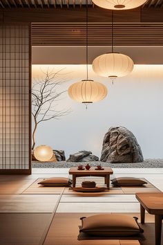 Japandi Ceiling Lights, Japanese Modern Living Room, Japandi Lighting, Interior Design Japanese, Modern Japanese Design, Japanese Lighting, Enclosed Garden