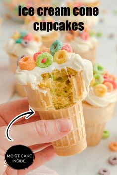 An ice cream cone filled with cake, covered in frosting and some fruit loops. Cupcake Cones Recipe, Cupcake Cone, How To Make Cupcake, Ice Cream Waffle, Moist Yellow Cakes