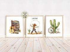 three framed art prints featuring cowboy, cactus, and sheep on wooden floor with white wall background