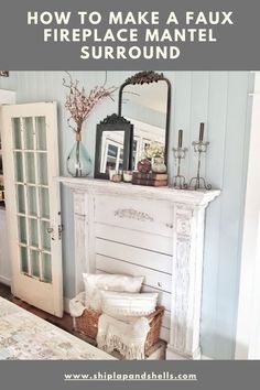 the fireplace mantel has been painted white and is next to a bed with pillows on it