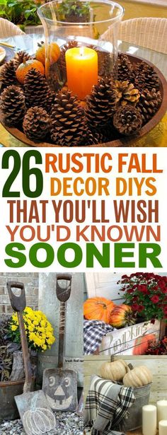 fall decor with pine cones, pumpkins and candles