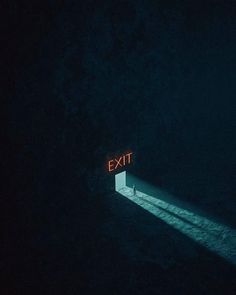 a person standing in the dark with an exit sign lit up behind them that says exit