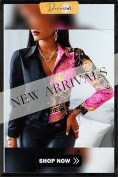 Spring Women Long Sleeve Blouses Casual Office Print Shirts Fashion Button White Shirt Elegant Patchwork Slim Tops Women Trendy Button-up Blouse For Office, Trendy Buttoned Blouse For Office, Trendy Blouse With Collar And Buttons, Trendy Office Blouse With Buttons, Trendy Pink Office Blouse, Blouses Casual, Shirt Elegant, Long Sleeve Blouses, Office Prints