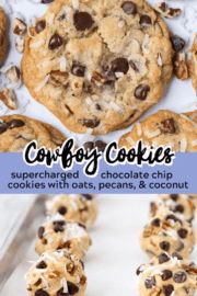 two pictures of cookies with chocolate chips and coconut flakes