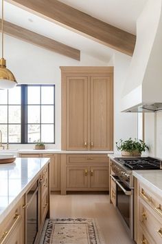 a kitchen with wooden cabinets and an area rug on the floor in front of it