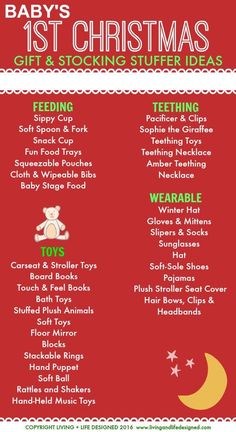 the baby's first christmas gift and stocking stuff list is shown in red