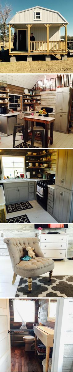 four different pictures show the interior and exterior of a house, including an open floor plan