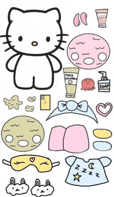 a hello kitty sticker sheet with various items on it, including masks and other things