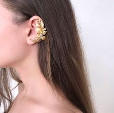 Leaf Ear Cuff Bridal, Wedding Jewelry Boho, Ear Climber, Gold Leaves Full Earrings, Grecian Jewelry, No Piercing Ear Cuff Bridal - Etsy Gold Single Earring Ear Cuff For Wedding, Gold Solitaire Ear Cuff For Wedding, Delicate Wedding Cartilage Earrings, Gold Clip-on Ear Cuff For Wedding, Delicate Single Ear Cuff For Wedding, Pierced Ear Climbers For Wedding, Ear Climber Earrings Gold, Full Earrings, Leaf Hair Piece