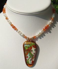 A Mermaid    Nautical Fused Glass Focal Stone Pearl Necklace and Earrings   dmfsparkles Artisan Hand Painted Orange Jewelry, Unique Hand Painted Orange Necklace, Artisan Hand-painted Orange Jewelry, Hand Painted Czech Glass Jewelry For Gift, Hand Painted Czech Glass Jewelry Gift, Hand-painted Czech Glass Jewelry Gift, Artsy Czech Glass Jewelry Gift, Artsy Czech Glass Jewelry As A Gift, Pearl Necklace And Earrings