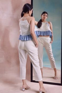 Blue and ivory halter neck blouse with bloom applique and beaded mesh patchwork detailing. Paired with a scallop lace embellished straight pant. - Aza Fashions Halter Neck Blouse, Halter Neck Blouses, Frilly Top, Pant Women, Pant Sets, Scalloped Lace, Floral Applique, Straight Pants, Aza Fashion