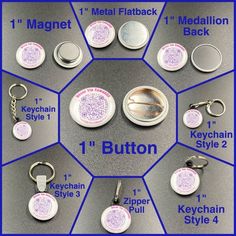 several different types of buttons and keychains are shown in this graphic above the description