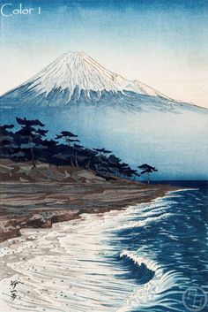 an image of a painting of a snow covered mountain by the ocean with waves coming in