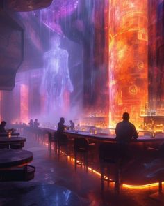 people are sitting at tables in a futuristic bar with neon lights and artwork on the walls