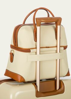 Bric's Firenze Cream Tuscan Train Case Luggage Elegant Luggage With Leather Trim For Weekend Trips, Classic Travel Bag With Luggage Sleeve And Coated Canvas, Classic Beige Leather Travel Bag, Luxury Beige Travel Bag For Weekend Trips, Classic Coated Canvas Luggage For Overnight Trips, Classic Beige Travel Bag, Business Leather Travel Bag In Beige, Elegant Beige Travel Bag With Luggage Sleeve, Beige Leather Travel Bag For Business