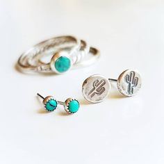 Southwestern inspired, cactus studs are forged from recycled sterling silver for an organic handcrafted look. Option to add complimenting genuine turquoise studs for multiple piercings. ~7mm recycled sterling silver cactus studs ~3mm genuine turquoise sterling silver studs ~Wrapped & ready for gifting or keeping ~Handmade in Tennessee Unique Turquoise Jewelry For Everyday, Handmade Southwestern Style Jewelry, Handmade Southwestern Style Everyday Jewelry, Turquoise Hypoallergenic Jewelry For Everyday, Turquoise Hypoallergenic Everyday Jewelry, Everyday Hypoallergenic Turquoise Jewelry, Adjustable Turquoise Earrings For Everyday, Everyday Nickel-free Turquoise Jewelry, Sterling Silver Rings Turquoise