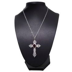 "Ornate Cross Pendant with Purple Crystal Center Stainless Steel Chain. 2\" Chain Extender for Size Adjustment. Lobster Clasp.  CB159  #Cross #Necklace #crossnecklace #gothic #Catholic cross jewelry" Halloween Gift Necklace With Cross Pendant, Halloween Gift Cross Pendant Necklace, Silver Cross Necklace For Halloween, Gothic Crucifix Cross Necklace For Gift, Gothic Crucifix Cross Necklace As Gift, Gothic Cross Necklace Gift, Gothic Catholic, Gothic Cross Necklace, Ornate Cross