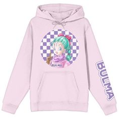 Channel your inner Bulma when you wear this ladies' graphic hoodie! The classic Dragon Ball Z sweatshirt features a big colorful image of the character Bulma in front of a checkered background that has been professionally printed to ensure long-lasting print quality. The Dragon Ball Z fan apparel is made of 60% USA cotton and 40% polyester, and includes an attached hood for extra warmth in cooler weather. This popular manga series merchandise is pink, and can be machine washed in cold water with Fleece Hooded Sweatshirt With Character Print, Hooded Fleece Sweatshirt With Character Print, Pop Culture Hooded Sweatshirt With Character Print, Trendy Long Sleeve Hoodie With Character Print, Cotton Hooded Sweatshirt With Character Print, Trendy Anime Print Hoodie Sweatshirt, Fleece Hoodie With Character Print For Streetwear, Fleece Hoodie Sweatshirt With Character Print, Pop Culture Long Sleeve Hoodie With Letter Print