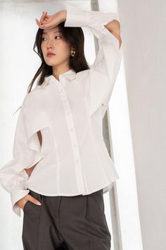 Amina Straight Cape Shoulder Raw Fabric Shirt - MEAN BLVD Oversized Elegant Cotton Blouse, Modern Oversized Shirt For Office, Chic Oversized Cotton Blouse, Elegant Asymmetrical Cotton Top, Modern Oversized Blouse For Office, Modern Asymmetrical Cotton Tops, Modern White Long Sleeve Blouse, White Long Sleeve Modern Blouse, Chic Long Sleeve Tops With Set-in Sleeves