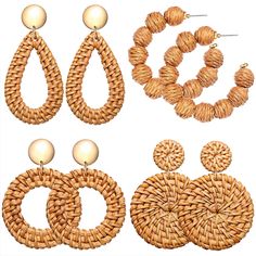 PRICES MAY VARY. ღ Summer Beach Earrings: Tropic-inspired raffia is one of our favorite trends for the season, and these lightweight yet substantial rattan earrings in a sandy natural shade are the perfect way to add it to your wardrobe. Including 4 different shapes rattan earrings, each pair of raffia earrings is handmade and delicately designed meet your different needs and make you more attractive ღ Bohemia Rattan Hoop Earrings: A chic, look-at-me palette combines with intricate raffia detail Summer Woven Jewelry, Elegant Summer Beach Hoop Earrings, Summer Beach Dangle Hoop Earrings, Casual Hoop Earrings For Beach, Summer Gold Woven Jewelry, Summer Vacation Dangle Hoop Earrings, Casual Hoop Earrings For The Beach, Summer Vacation Hoop Earrings For Pierced Ears, Beige Dangle Jewelry For Beach