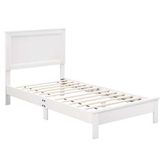 a white bed frame with no headboard and foot board is shown against a white background