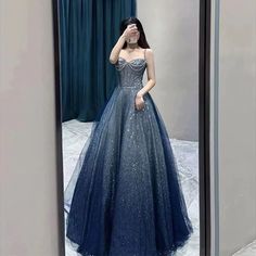 Pretty Ball Gown Spaghetti Straps Navy Blue Long Prom Dresses Party Evening Dress C3796 Blue Long Prom Dresses, Ball Gown, Ball Gowns