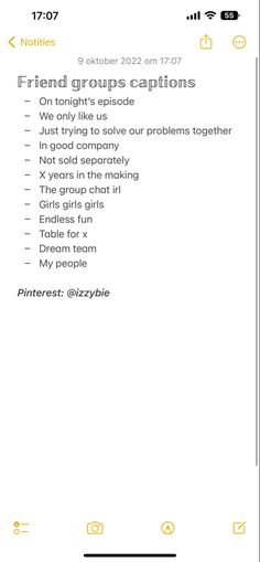an iphone screen with the text friend groups captions in yellow and black on it