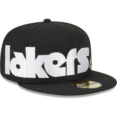 new era black and white hat with the word lakers printed on it