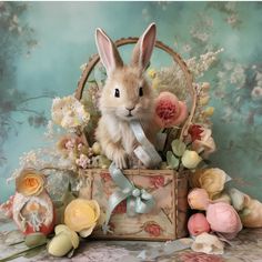 a rabbit sitting in a basket surrounded by flowers and other decorations on a table with a blue background