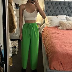 Never Worn Added A Zipper Green Straight Leg Pants For Day Out, Zara Green Pants For Day Out, Zara Spring Pants For Day Out, Zara Pants For Spring Day Out, Long Flowy Pants, High Waisted Trouser Pants, Neutral Pants, Zara Trousers, White Joggers