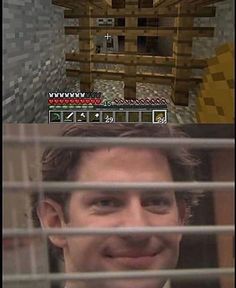 a man smiling in front of a window with the words minecraft and an image of a