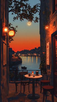 a painting of an outdoor dining area overlooking the water at night with lanterns lit up